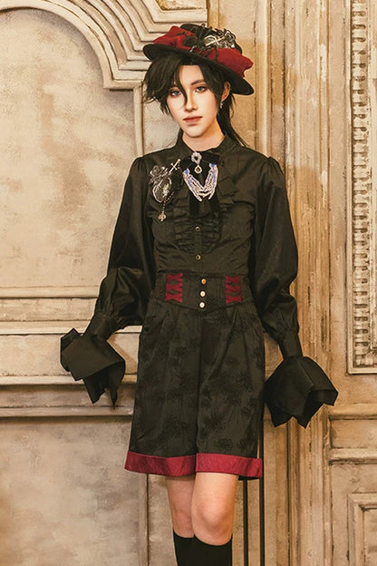 Moonlit Return Jacquard Ouji Lolita Set with Lace-Up - Noir