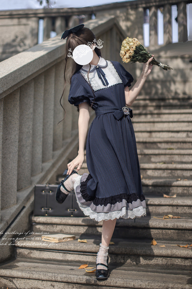 Lapel-Collar Vintage Dress with Bow Print and Short Sleeves