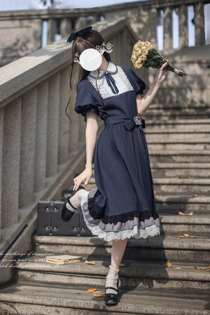 Lapel-Collar Vintage Dress with Bow Print and Short Sleeves
