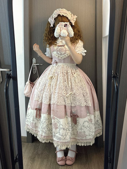 Pink Titmouse and Floral Print Lolita Jumper Skirt