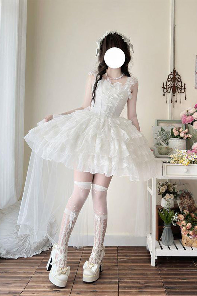 White Broken Wings Rebirth Sleeveless Multi-Layered Ruffle Bow Lace-Up Gothic Ballet Lolita Jsk Dress