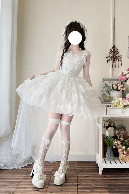 White Broken Wings Rebirth Sleeveless Multi-Layered Ruffle Bow Lace-Up Gothic Ballet Lolita Jsk Dress
