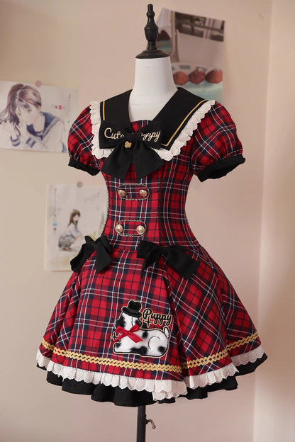 Crimson Dalmatian Bowknot Mini Sweet Lolita Gown with Short Sleeves