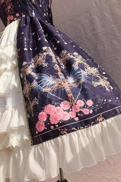 Peacock Cross Print Ruffle Cardigan Jsk Dress - Sweet Lolita
