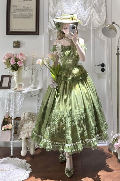 Emerald Mist-Shrouded Vineyard Sleeveless Ruffle Bowknot Lace-Up Sweet Lolita JSK Set