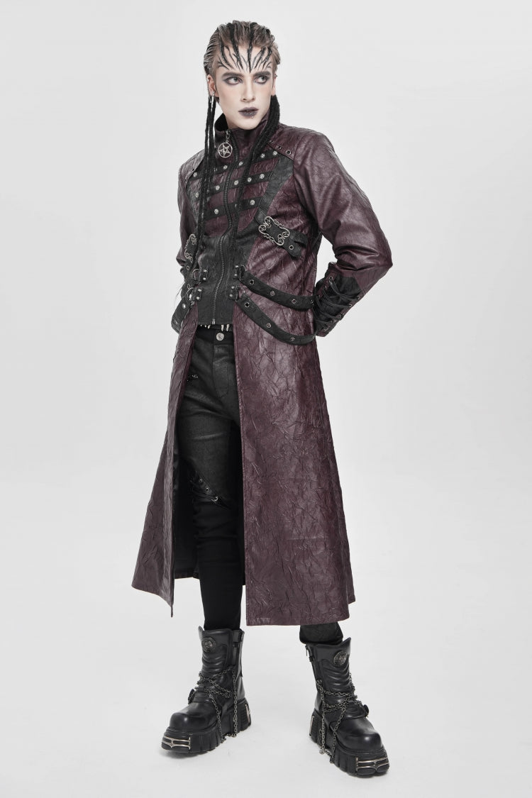 Crimson Mandarin Collar Zip Strap Eyelet Men's Punk Coat