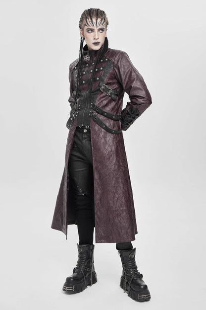 Crimson Mandarin Collar Zip Strap Eyelet Men's Punk Coat