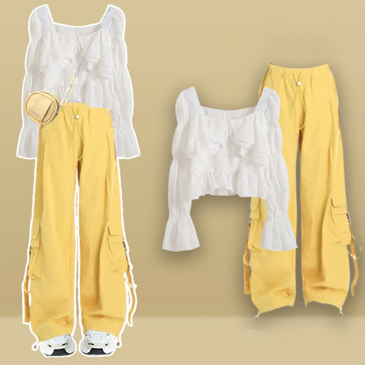 Shirt Pocketed Sleeve Puff Cargo Pants Crop Loose