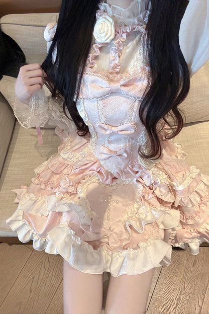 Pink Heart of Butterfly Halterneck Sleeveless Multi-Layer Ruffle Embroidery Princess Ballet JSK Dress Set