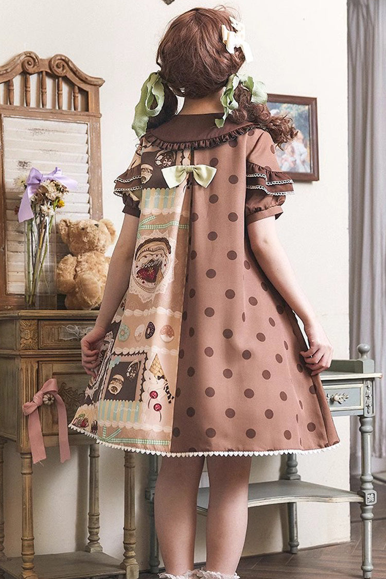 Chocolate Dessert Print Short-Sleeve Ruffled Bowknot Sweet Lolita Dress in Two Tones