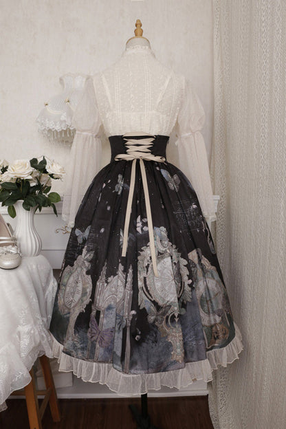 Cardigan with Lace Ruffles and Clock Butterfly Print Skirt Set