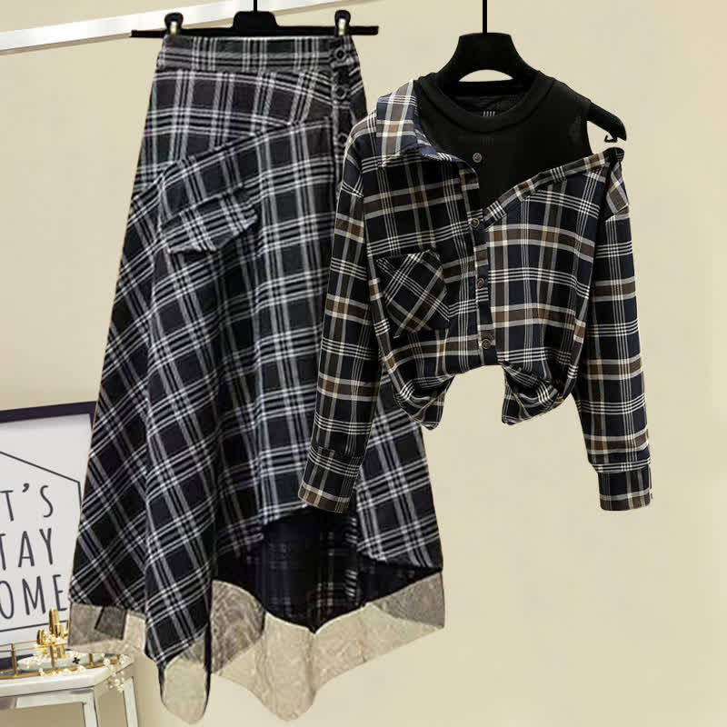 Skirt Tulle Plaid Shirt Button Front
