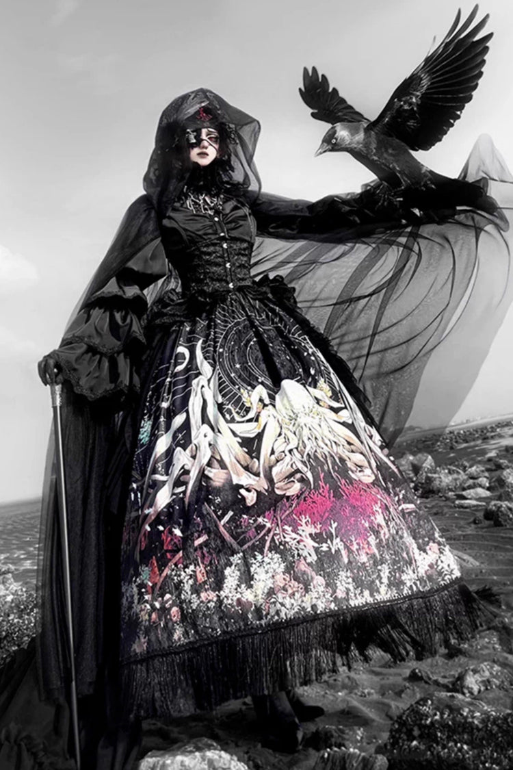 Long Hime Sleeves Gothic Skirt Dress Set with Printed Lace - Reborn Ancient God