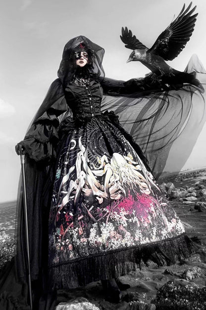 Long Hime Sleeves Gothic Skirt Dress Set with Printed Lace - Reborn Ancient God