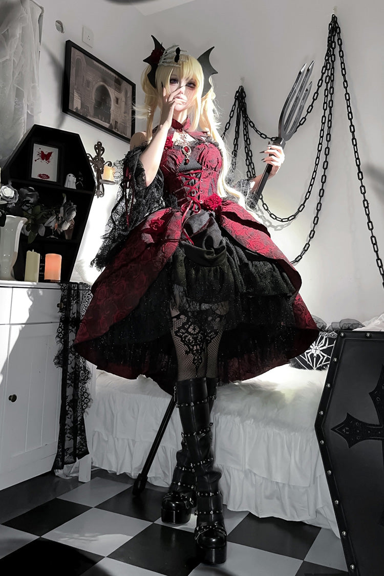 Weeping Rose Jacquard Lolita Dress with Lace-Up Cardigan - Noir