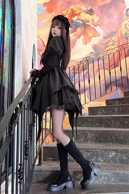 Black Gothic Princess Lolita Dress with High Waist and Ruffled Cardigan