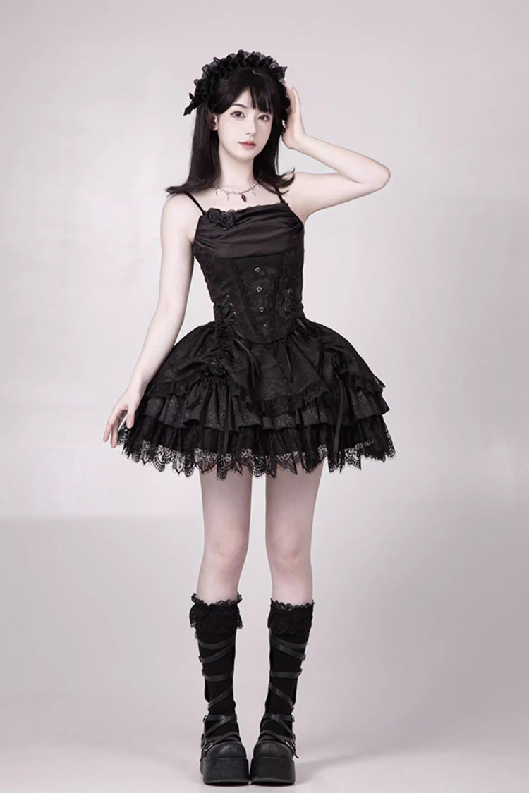 Gothic Lolita Skirt with Multi-Layered Jacquard and Ruffled Witch Design