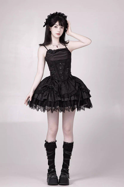 Gothic Lolita Skirt with Multi-Layered Jacquard and Ruffled Witch Design