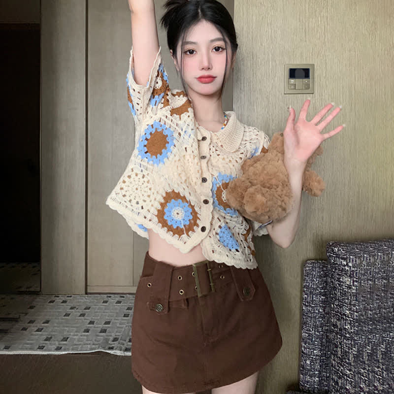 Hollow Set Denim Fringed Pants Split Floral T-Shirt