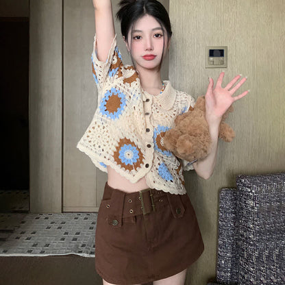 Hollow Set Denim Fringed Pants Split Floral T-Shirt