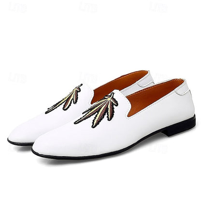 Men's Prom Shoes - White Faux Leather Loafers with Feather