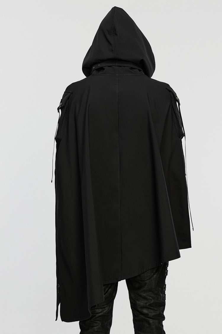 Buckle Strap Hooded Black Asymmetric Punk Cloak Men's