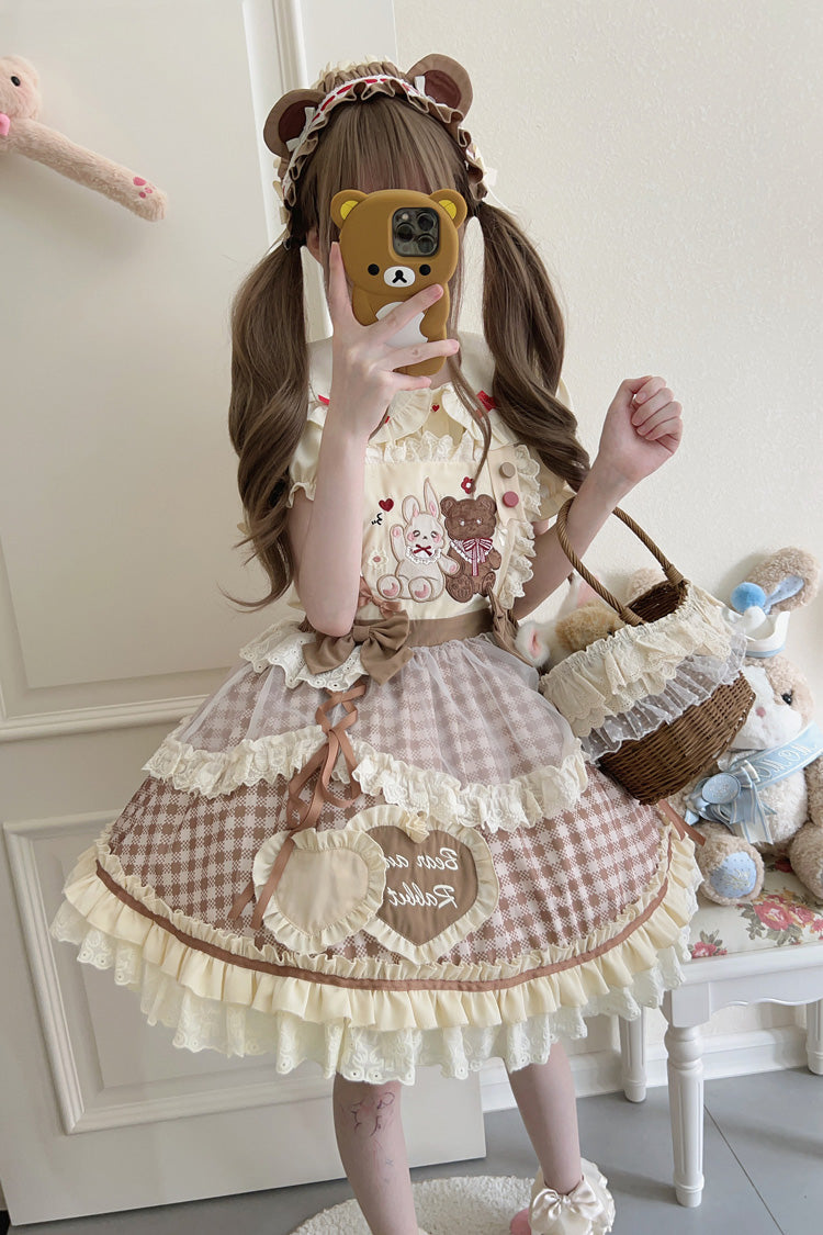 Rabbit Bear Plaid Ruffle Bow Sweet Lolita Skirt with Blouse