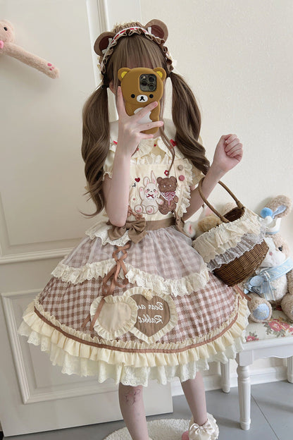 Rabbit Bear Plaid Ruffle Bow Sweet Lolita Skirt with Blouse
