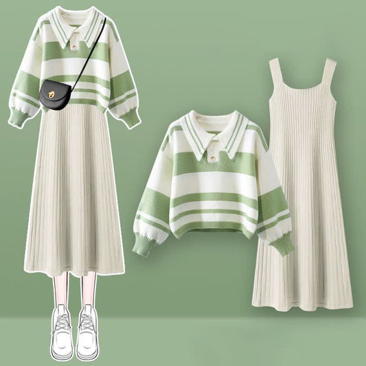 Ensemble pull-robe rayé vert colorblock