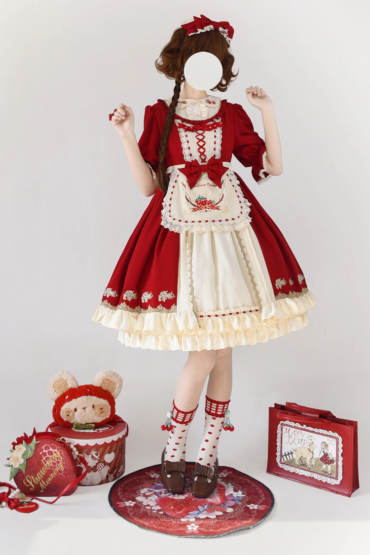 Crimson Tochigi Girl Two-Tier Ruffle Embroidered Cardigan Sweet Lolita Set