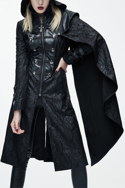 Hooded Shawl Collar Gothic Pattern Faux Leather Long Coat
