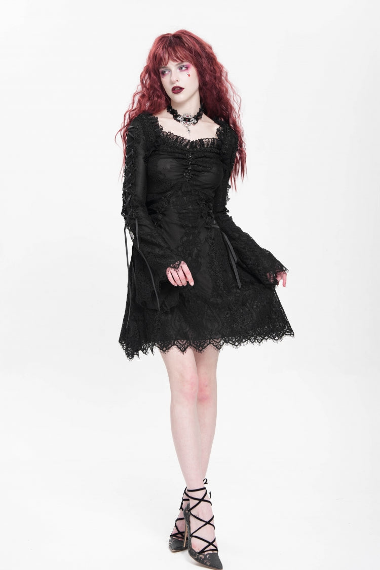 Square Collar Trumpet Sleeve Embroidered Lace-Up Gothic Dress