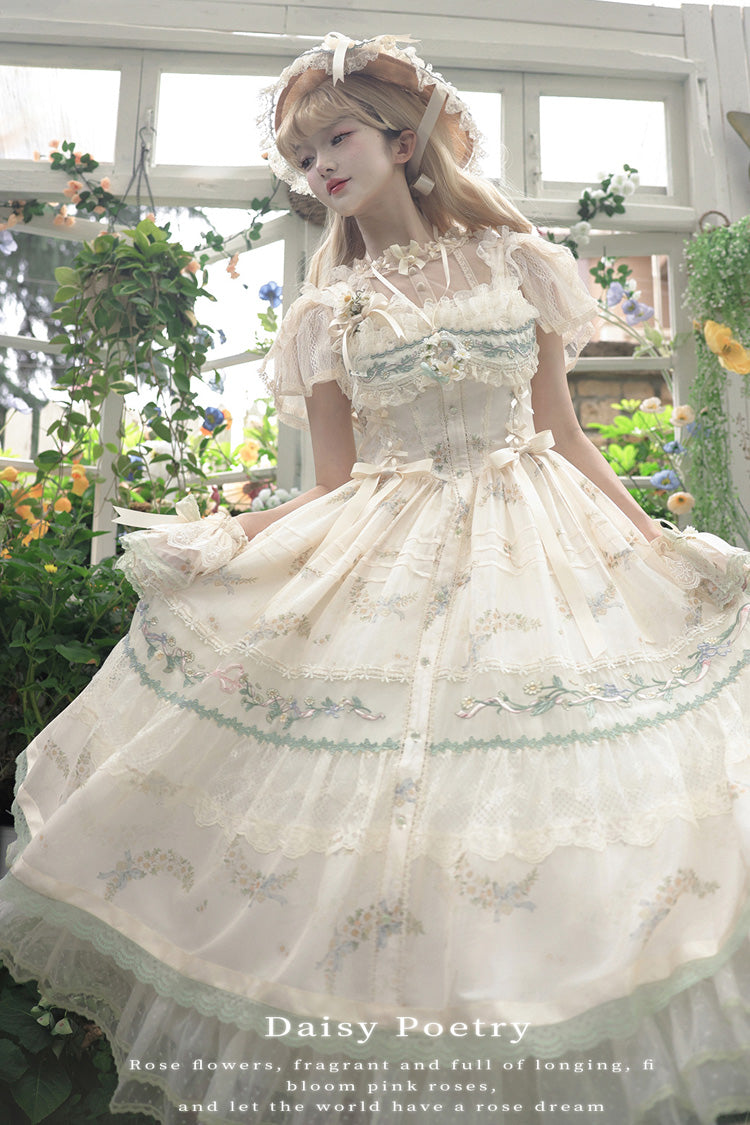 Multicolor Daisy Poetry Print Ruffle Lace JSK Dress