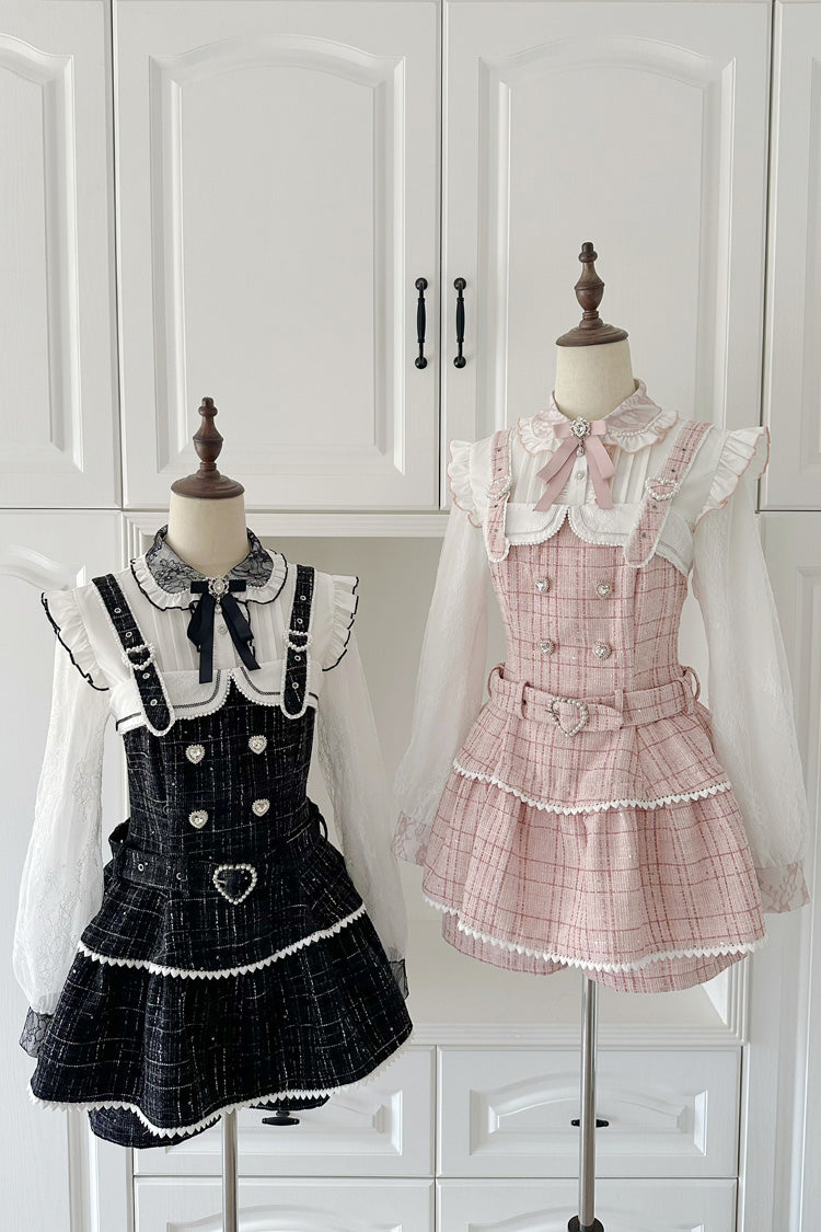 Black Plaid Pearl-Decorated Sweet Japanese Strap Dress Set
