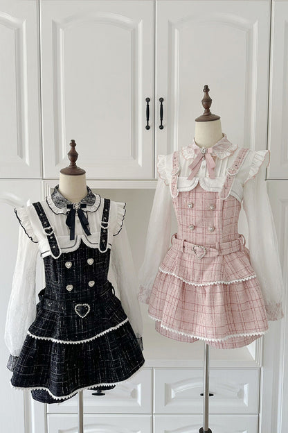 Black Plaid Pearl-Decorated Sweet Japanese Strap Dress Set