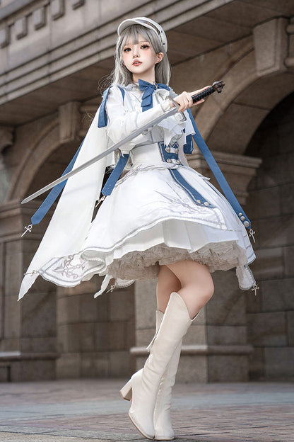 White Blue Star Knight Print Punk Military Princess Handsome Ouji Skirt