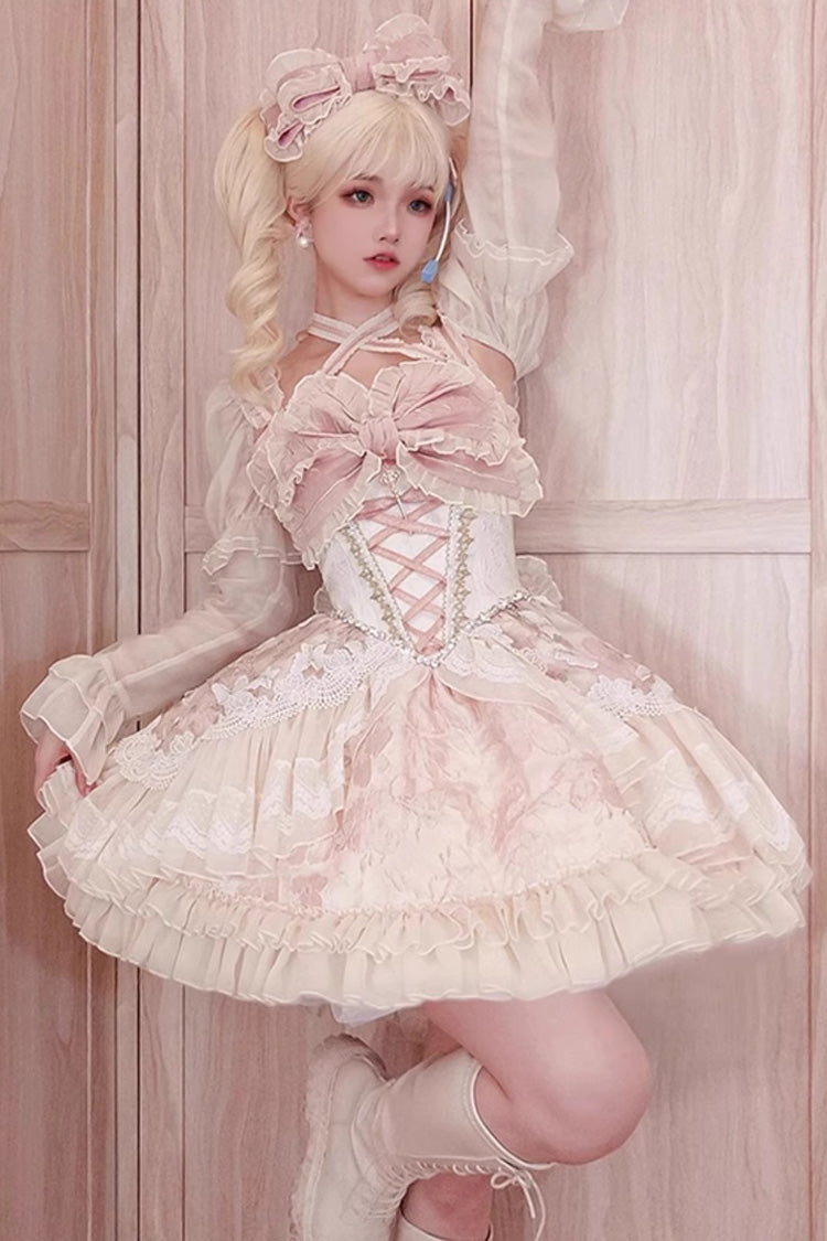 Pink Print Ruffle Cardigan Bow Lace Fishbone Sweet Lolita Gown - Lilibet