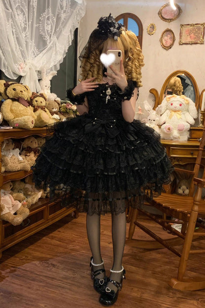 Black Feathers Ballad Sleeveless Multi-Layered Ruffle Hanayome Bow Gothic Lolita Jsk Dress