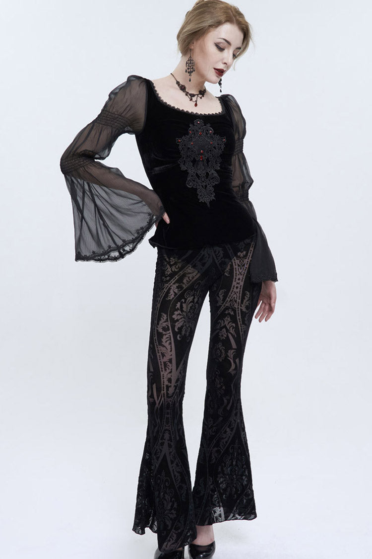 Punk Women's Flared Trousers with Elastic Waist and Flocked Jacquard Fabric