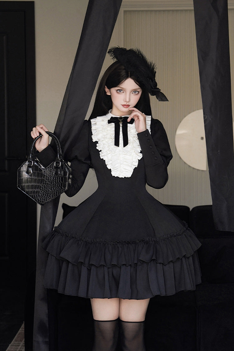 Stand Collar Double-Layered Ruffle Gothic Dress