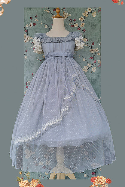 Sax Blue Polka Dot Asymmetric Ruffle Bow Lolita Dress - Moon goddess *Mediana*