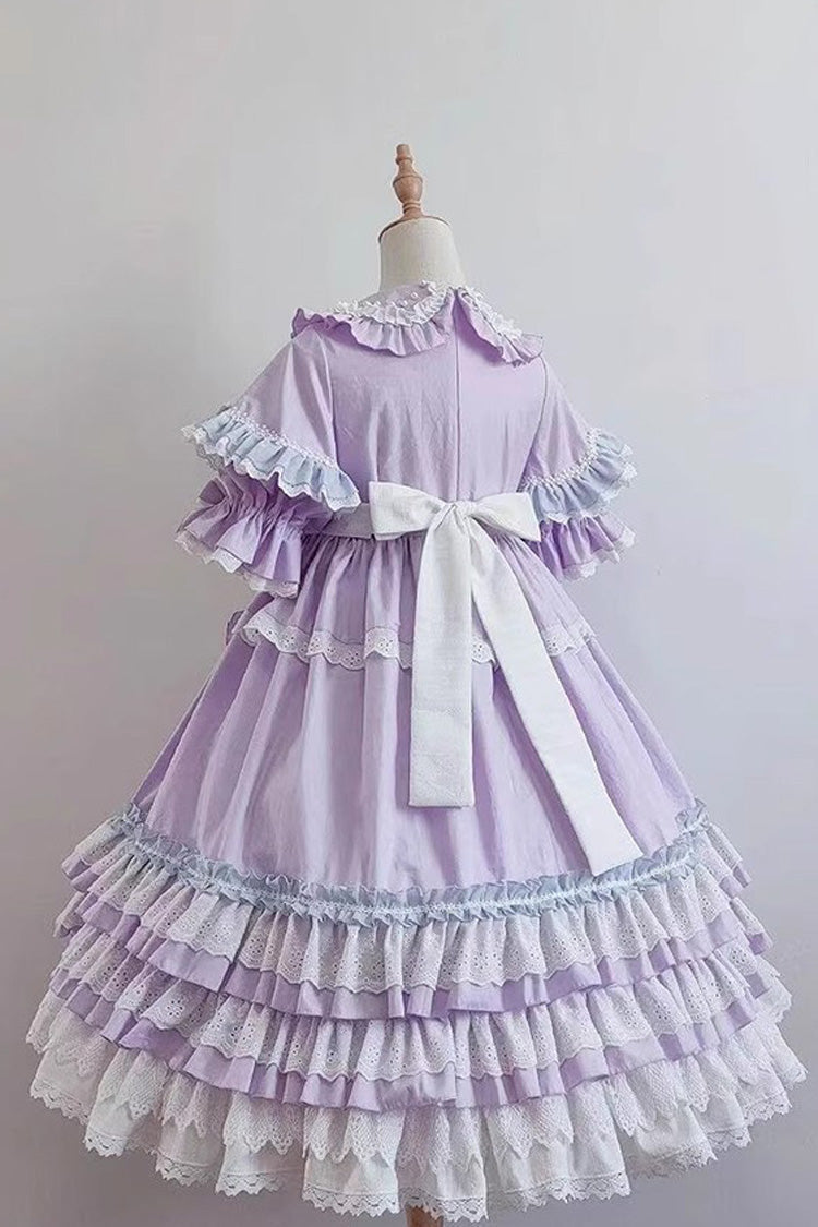 Purple Star Sugar Short-Sleeved Multi-Layer Ruffled Bow-Trim Sweet Lolita Dress