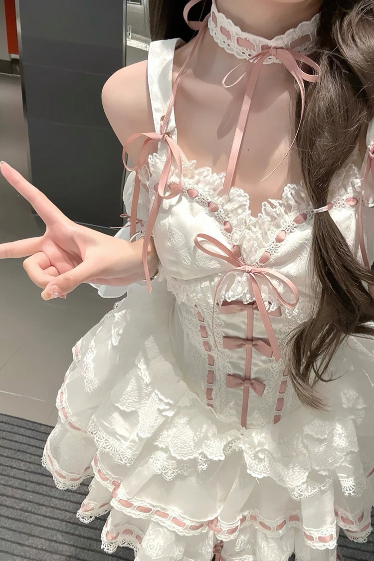 White Little Love Song Detachable Flared Sleeves Ruffle Bow Lace Sweet Set
