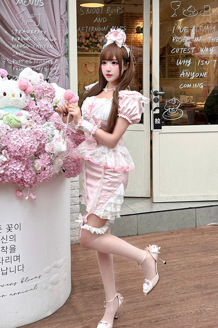 Rose Square Collar Short Sleeve Jacquard Ruffle Embroidered Bow Lace Chinese Sweet Lolita Two-Piece - Little Nurse