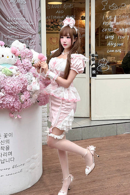 Rose Square Collar Short Sleeve Jacquard Ruffle Embroidered Bow Lace Chinese Sweet Lolita Two-Piece - Little Nurse