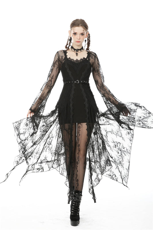 Maxi Cloak with Floral Lace and Belted Waist - Dark