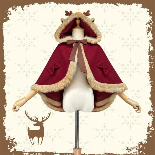 Cartoon Antler Plush Hooded Cloak Lolita Coat