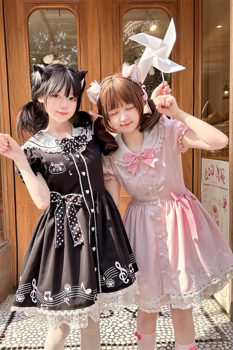Rose Melody Kitty Doll Collar Short Sleeve Ruffled Embroidered Bow Lace Sweet Lolita Dress