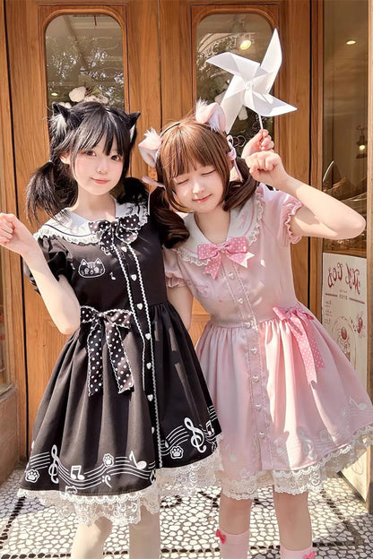 Rose Melody Kitty Doll Collar Short Sleeve Ruffled Embroidered Bow Lace Sweet Lolita Dress