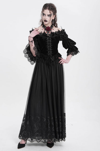 Women's Gothic Floral Mesh Skirt with Black Stitching